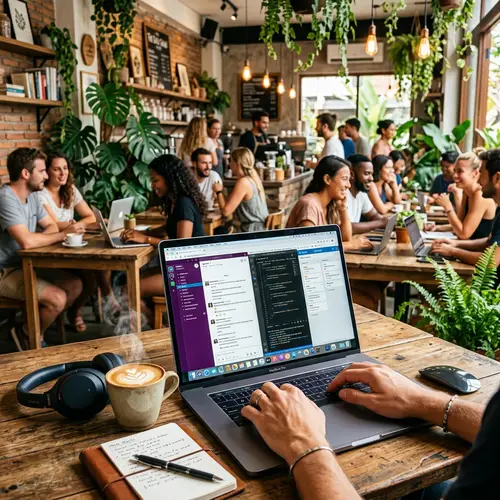 Digital Nomad's Work Environment: Laptop, Coffee & Conversations