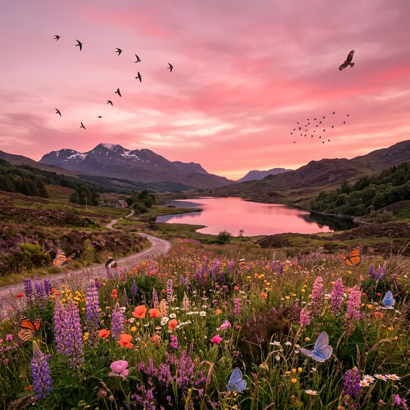 Serene Pink Sky Landscape with Blooming Flowers and Graceful Birds Serene Pink Sky Landscape with Blooming Flowers and Graceful Birds
