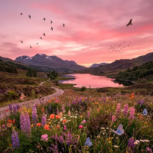 Beautiful Pink Sky Landscape with Flowers, Birds, and Butterflies
