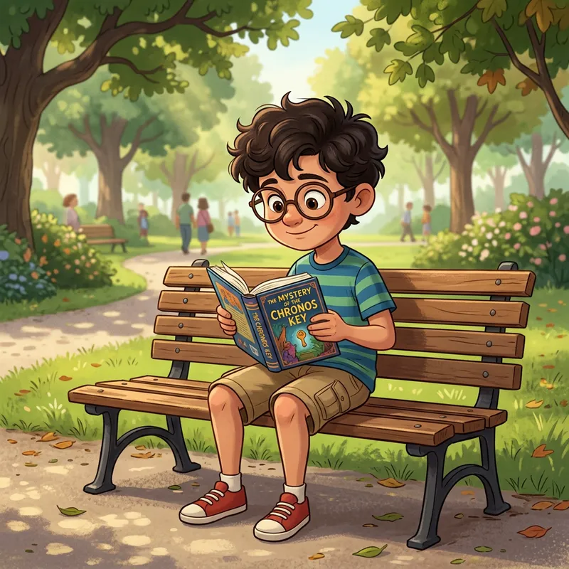 Curly-Haired Boy Reading in a Cartoon Park