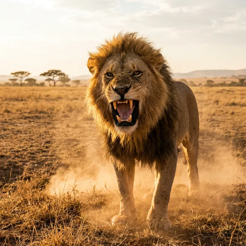 Powerful Male Lion Roaring in Arid Savannah | Wildlife Photography