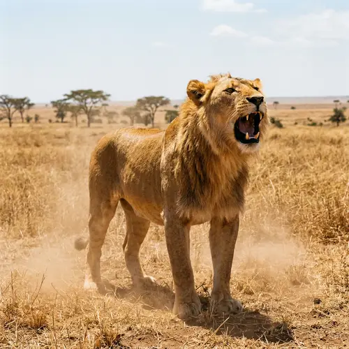 Impressive Female Lion Roaring in Dry Savannah