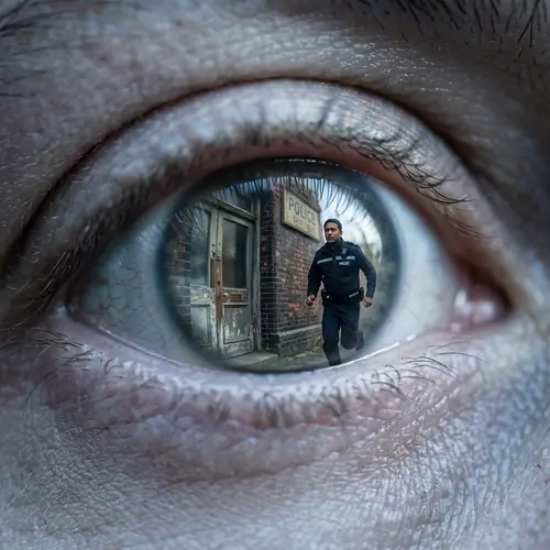 Reflective Eye of a Deceased Man Captures Fleeing Policeman