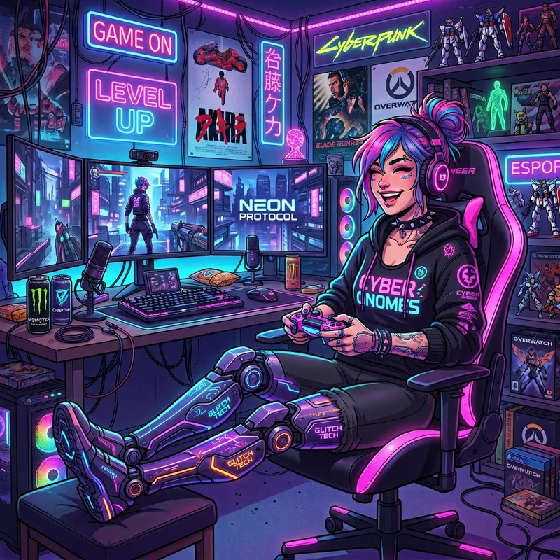 Vibrant Cyberpunk Gamer: Amputee Woman Character Vibrant Cyberpunk Gamer: Amputee Woman Character