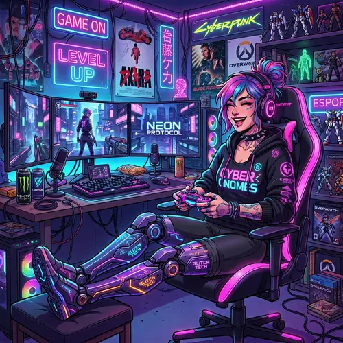 Vibrant Cyberpunk Gamer: Amputee Woman Character