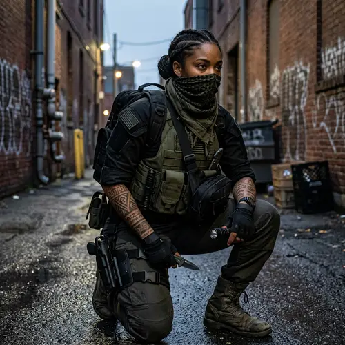 African American Woman Vigilante in Military Gear