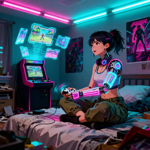 Vibrant Cyberpunk Gamer: Amputee Woman Character