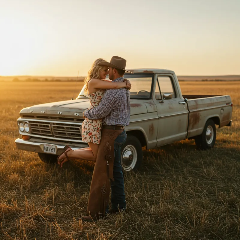 Cowboy Couple Embracing with Ford F100 Background