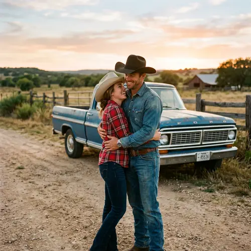 Cowboy Couple Embracing with Ford F100 Background