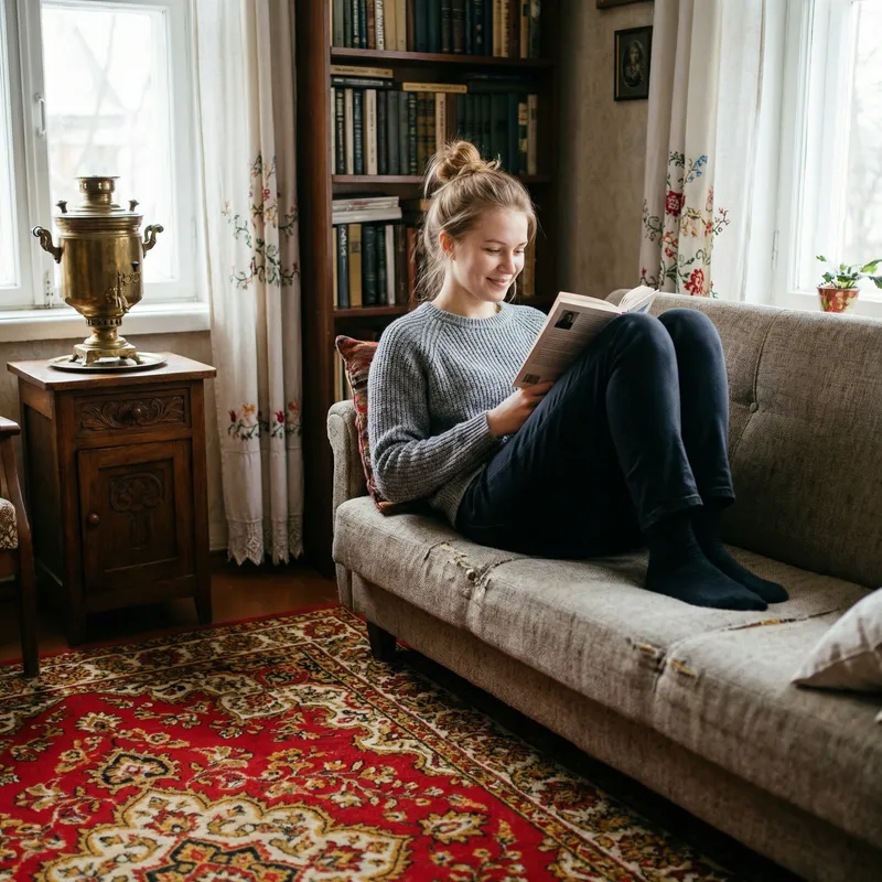 Russian Woman in Simple Attire Relaxing at Home