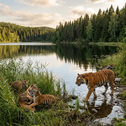Majestic Tiger By Lake with Playful Cubs