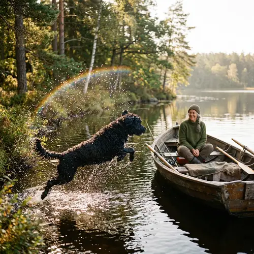 Portuguese Water Dog Leaping in Woodland Glade | Unique Prism Effect