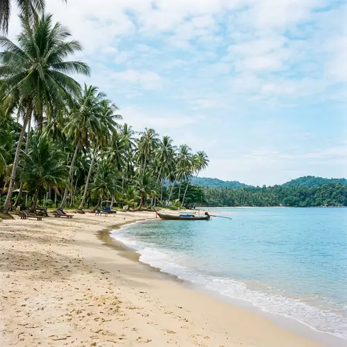 Azure-Blue Coastal Scene with Palm Trees | Serene Atmosphere