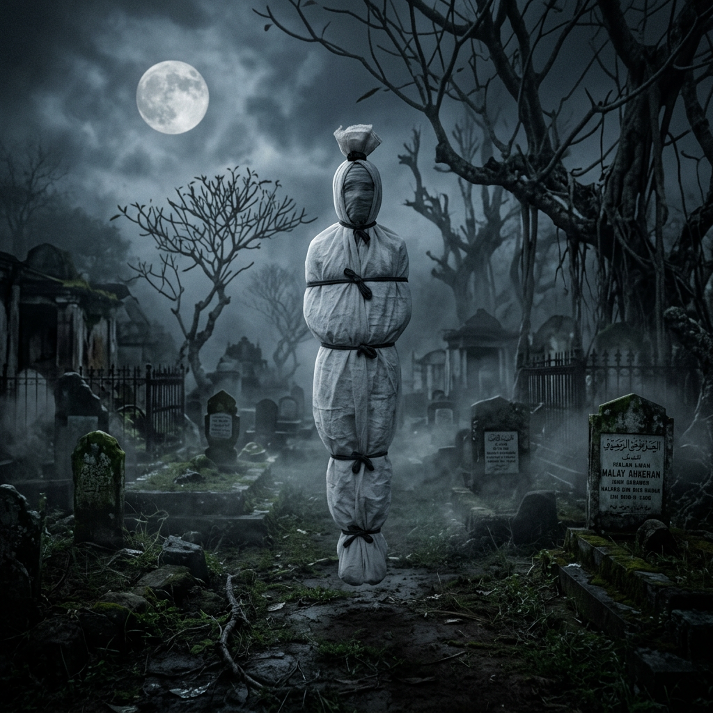 Ethereal Pocong Ghost Image in Moonlit Graveyard | Haunting Art