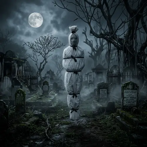 Chilling Pocong Ghost Image in Moonlit Graveyard | Haunting Artwork