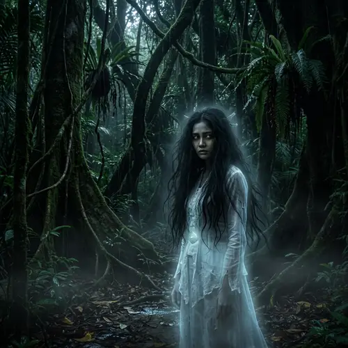 Malay Female Ghost Spirit in Moonlit Tropical Forest