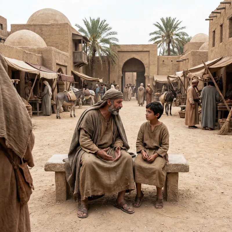 Ill Man Conversing with Young Boy in Ancient Islamic City