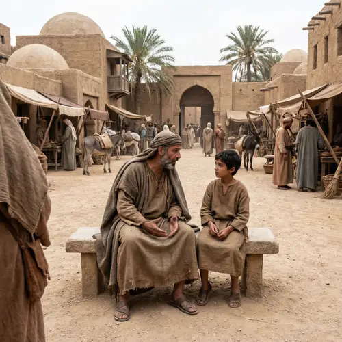 Middle-Eastern Man and Boy Discussing in Ancient City