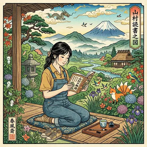 Teen Girl Enjoying Book in Hayao Miyazaki-Inspired Scene