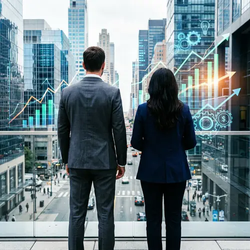 Double Exposure Image of Faceless Business Figures in Urban Landscape