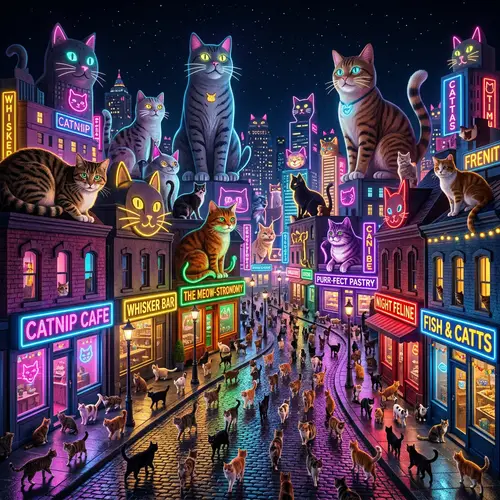 Cat City: Neon Nighttime Scene with Cat Shaped Buildings