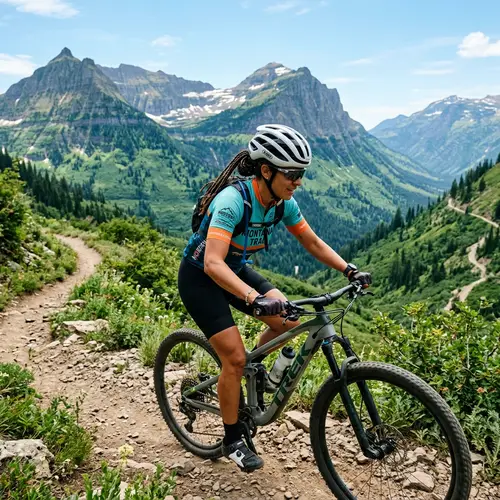 Hispanic Woman Riding Bicycle in Majestic Mountain Landscape