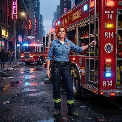 GTA Style Firefighter Woman with Rescue Truck
