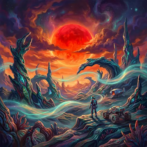 Surreal Alien Landscape with Red Sun