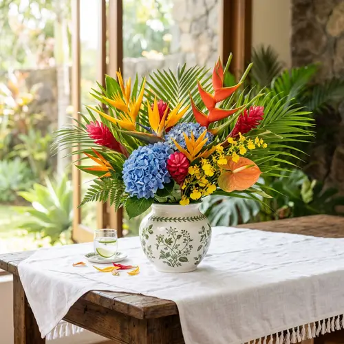 Vibrant Tropical Flowers in White Vase on Wooden Table