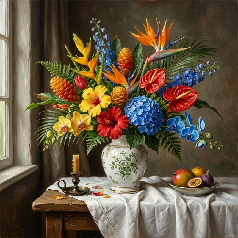 Exquisite Tropical Flower Still Life Painting