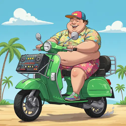 Disney Style Fat Guy on Green Vespa with DJ Console