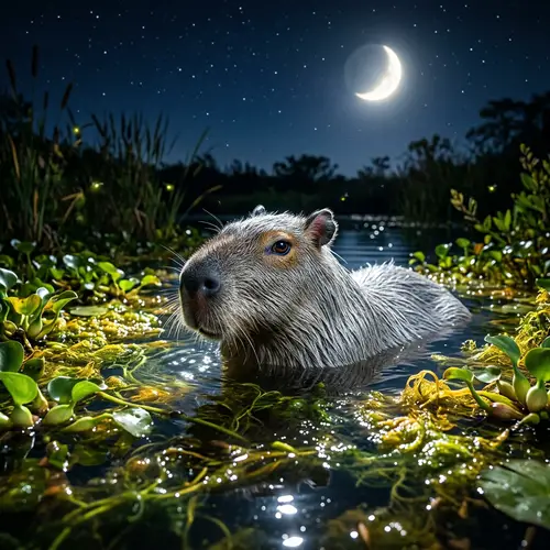 Tranquil Night Scene: Capybara in Moonlit Water Surrounded by Glowing Algae