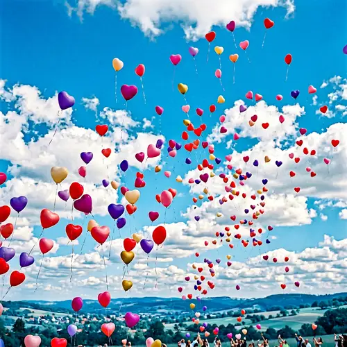 Colorful Heart-Shaped Balloons Floating in the Sky