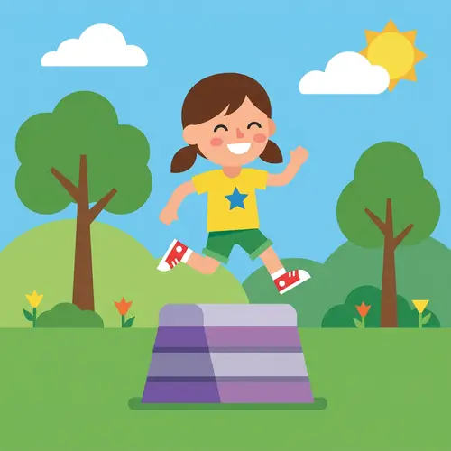 Cute Girl Skipping Over Vault in Geometric Park Scene