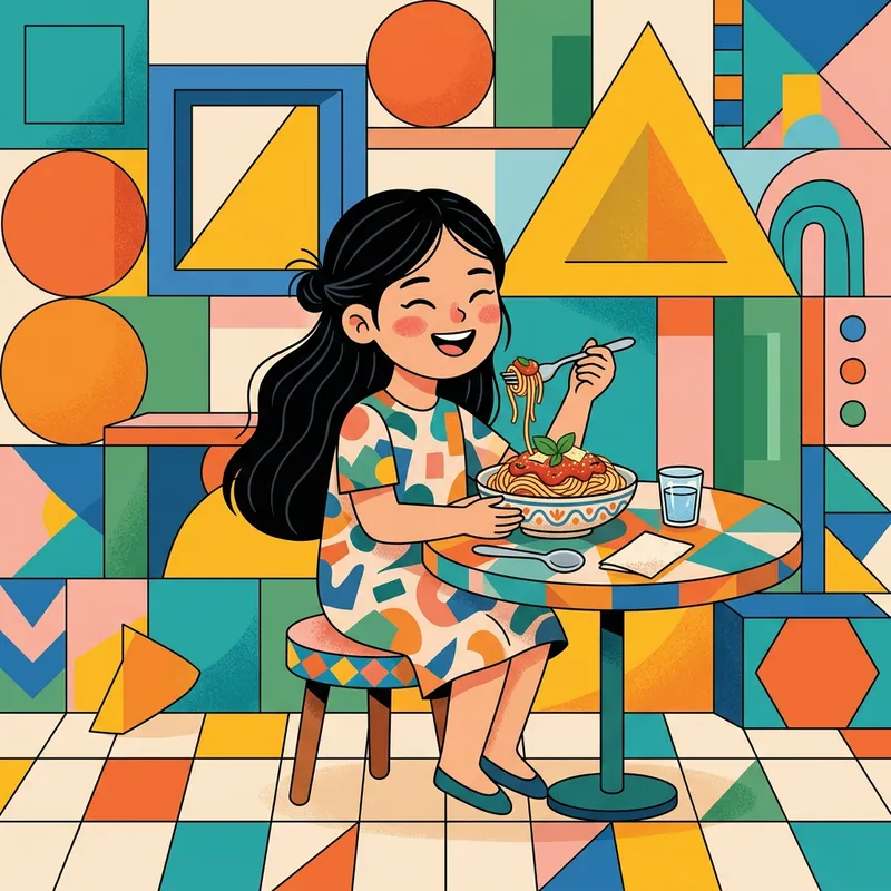 Harmonious Geometric Figures Flat Illustration with Asian Girl Eating Pasta