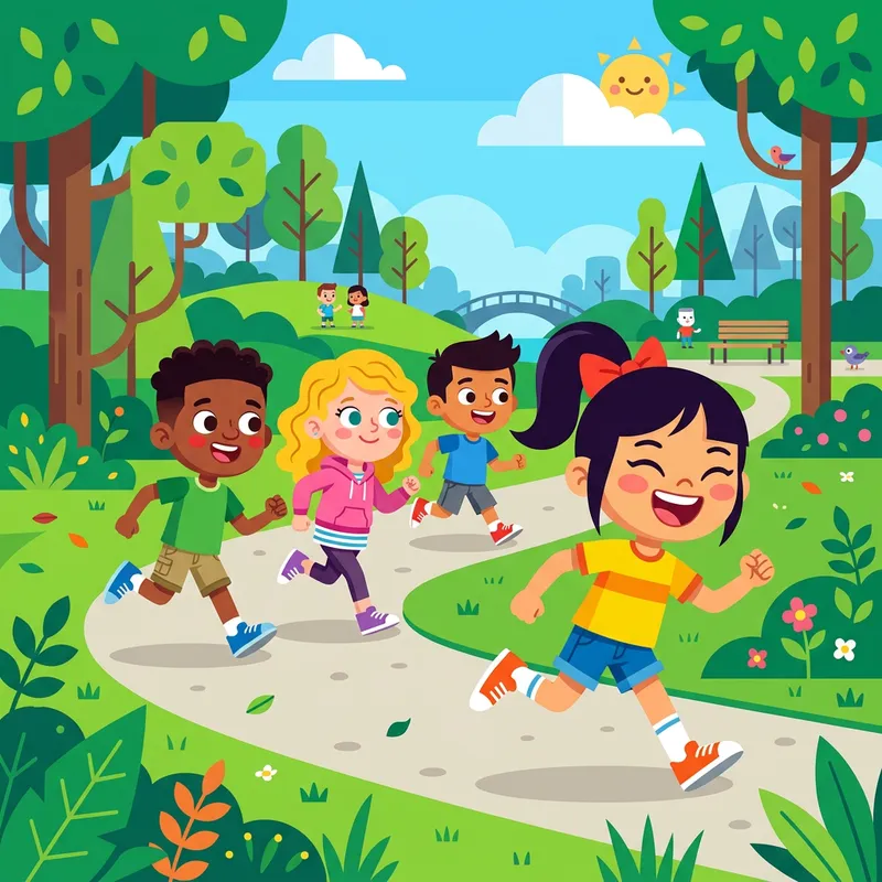 Cute Running Girl Characters: Geometric Flat Illustrations in Park