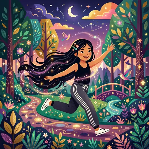 Flat Geometric Illustration of Japanese Girl with Long Black Hair