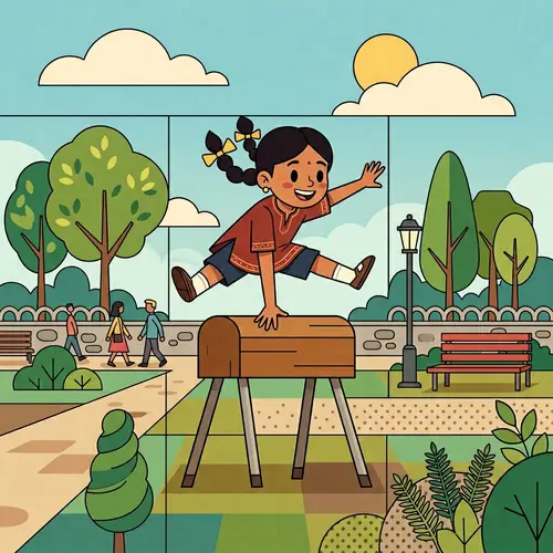 Geometric Figures Flat Illustration: Cute Girl Jumping Over Vault