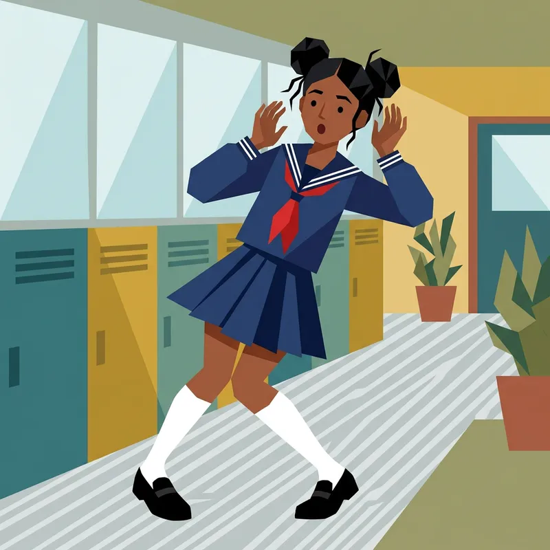 Surprised Girl in Geometric Japanese Pose | Flat Illustration