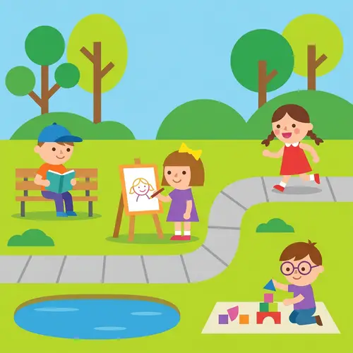 Geometric Illustration of Running Girl in Duolingo Style Park Scene