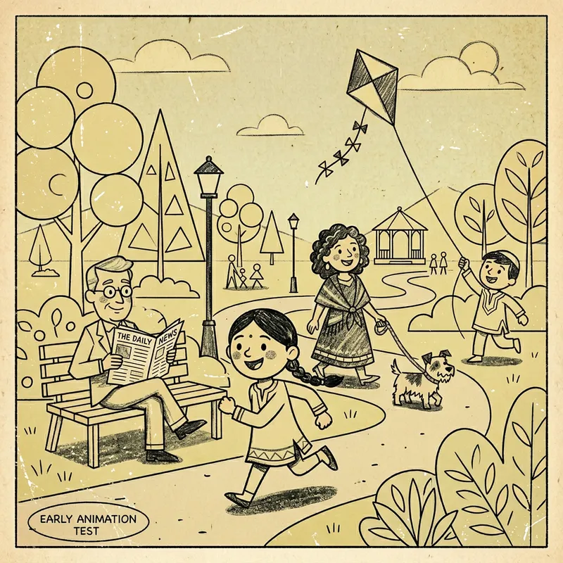 Flat Illustration of Geometric Figures with Running Girl in Park Flat Illustration of Geometric Figures with Running Girl in Park