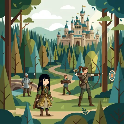 Flat Japanese Girl Illustration in Medieval Castle Scene
