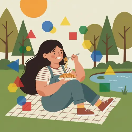 Flat Illustration of Girl with Geometric Figures Enjoying Pasta in Park
