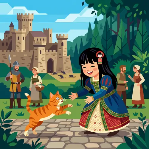 Flat Japanese Girl in Medieval Dress Playing with Cat in Castle Setting