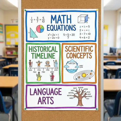 Detailed Classroom Chart with Math Equations and Historical Timelines