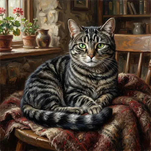 Realistic Oil Painting of Adult Short-Haired Cat with Green Eyes