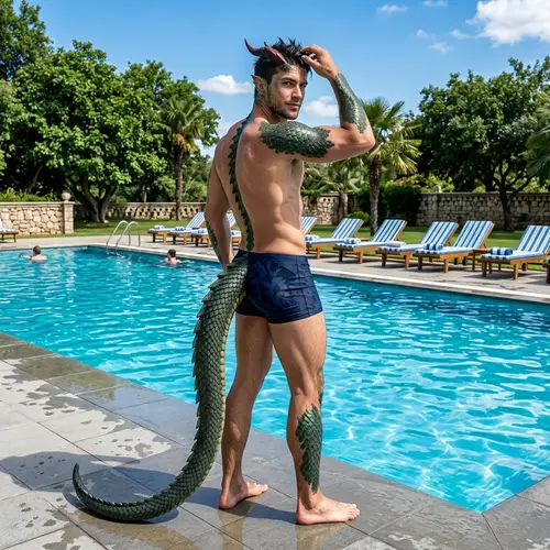 Male Dragon Demi-Human in Swimming Trunks by Pool Outdoors