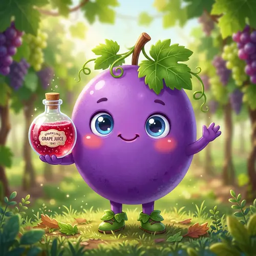 Cute Grape Mascot with Sparkling Juice Bottle