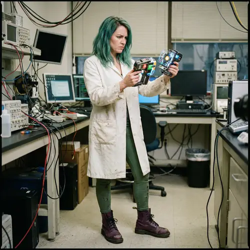 Female Scientist with Teal Hair in Lab Coat | High-Tech Gadgets