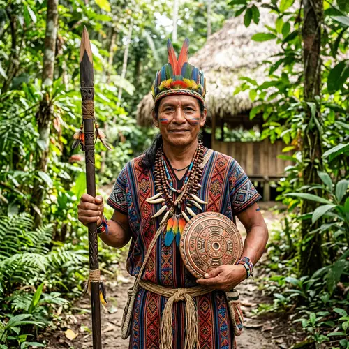Ecuadorian Man Holding Spear and Round Artifact